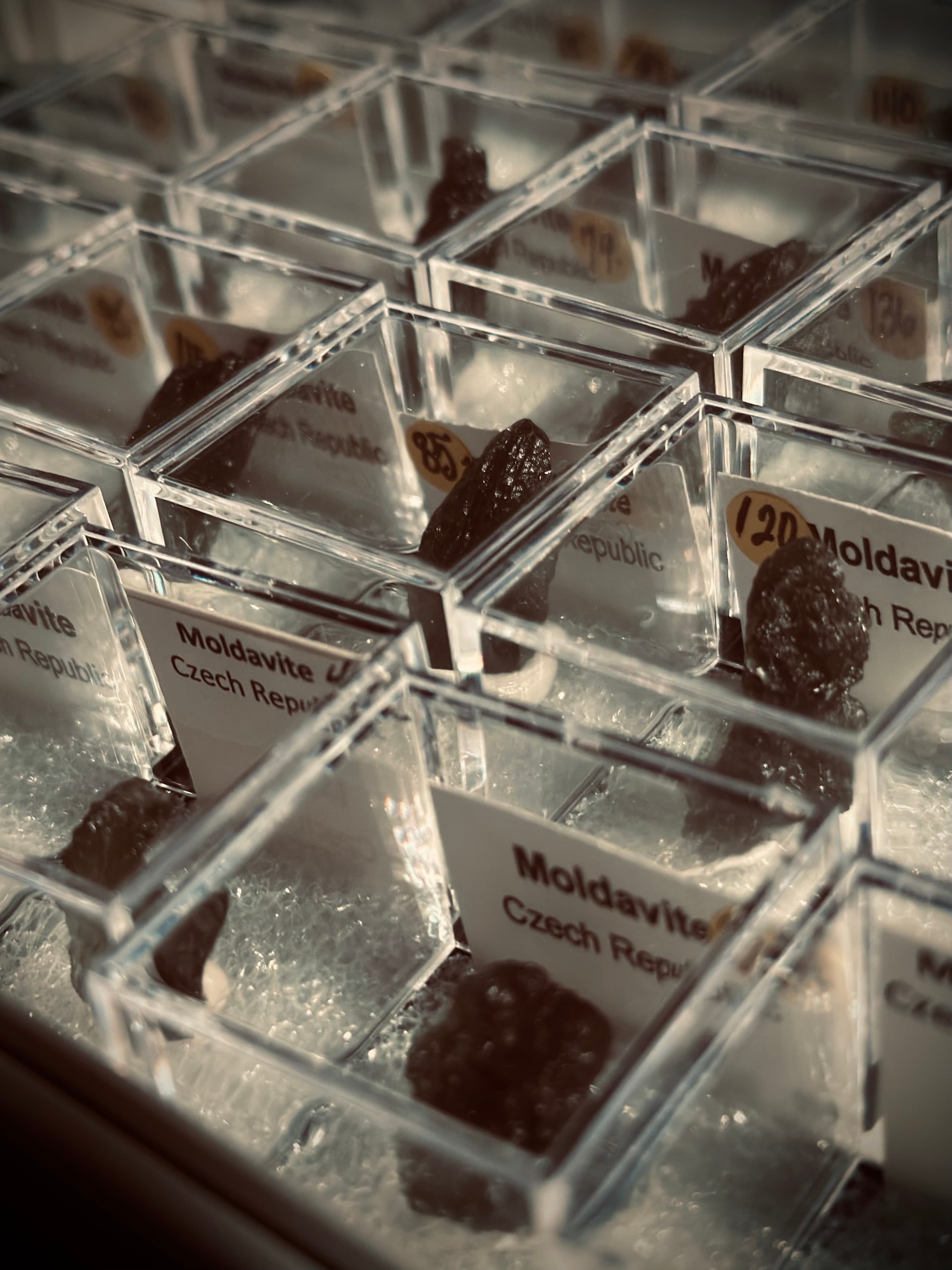 Raw Moldavite specimens in display cases at a gem show